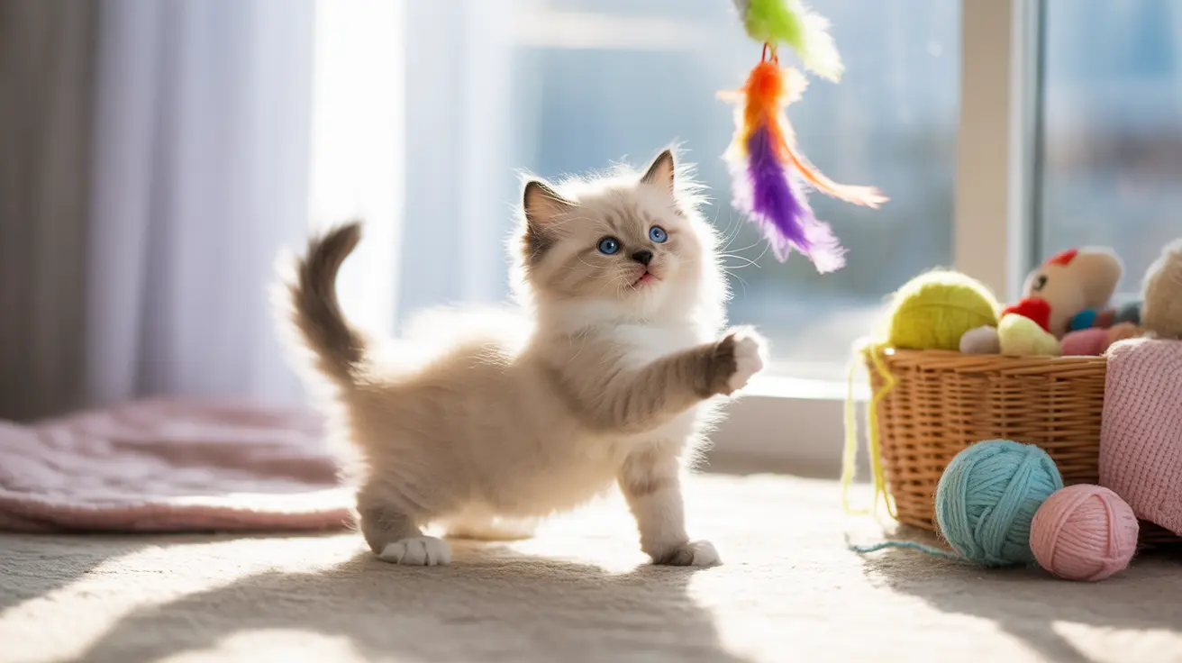 A fluffy white and cream Ragdoll kitten playing with a colorful feather toy near a sunlit window