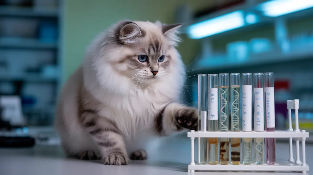 Fluffy Ragdoll kitten with blue eyes beside test tubes in a modern laboratory