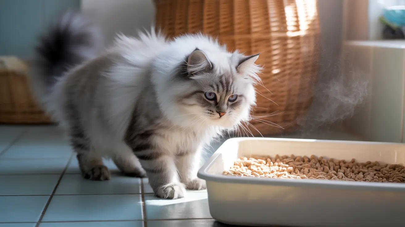 Fluffy Ragdoll kitten with blue eyes standing next to a litter box with wood pellet litter on tiled floor