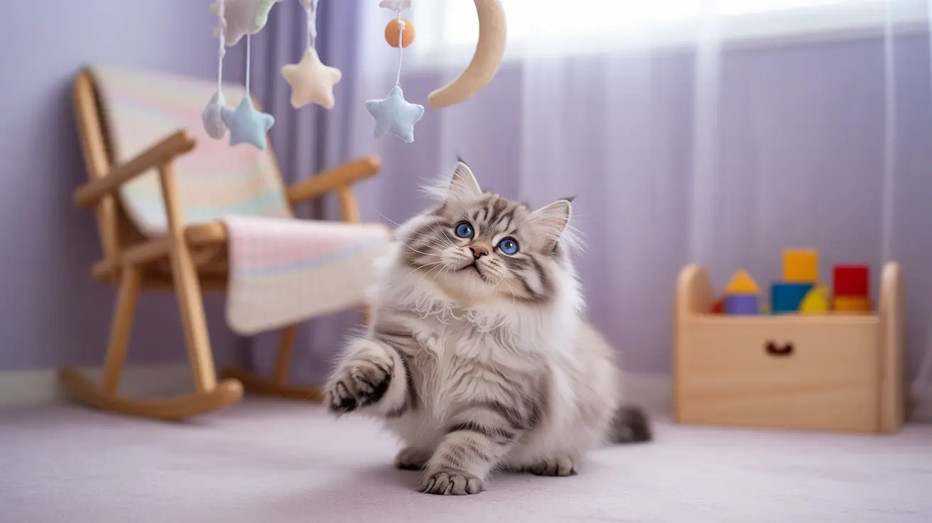 Fluffy Ragdoll kitten with blue eyes sitting on nursery floor looking at hanging mobile
