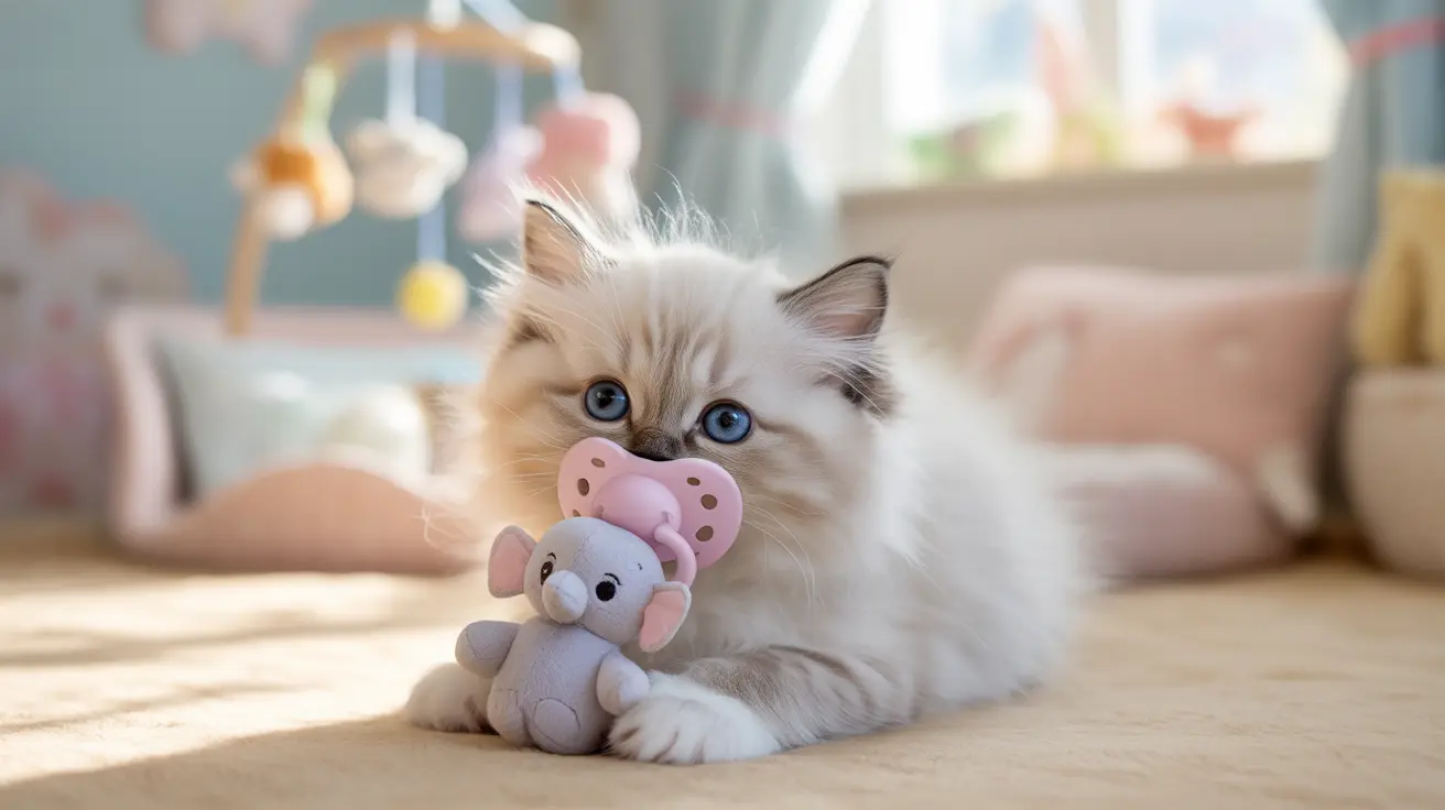 Fluffy white and cream Ragdoll kitten sitting with a pink pacifier and a small gray elephant toy
