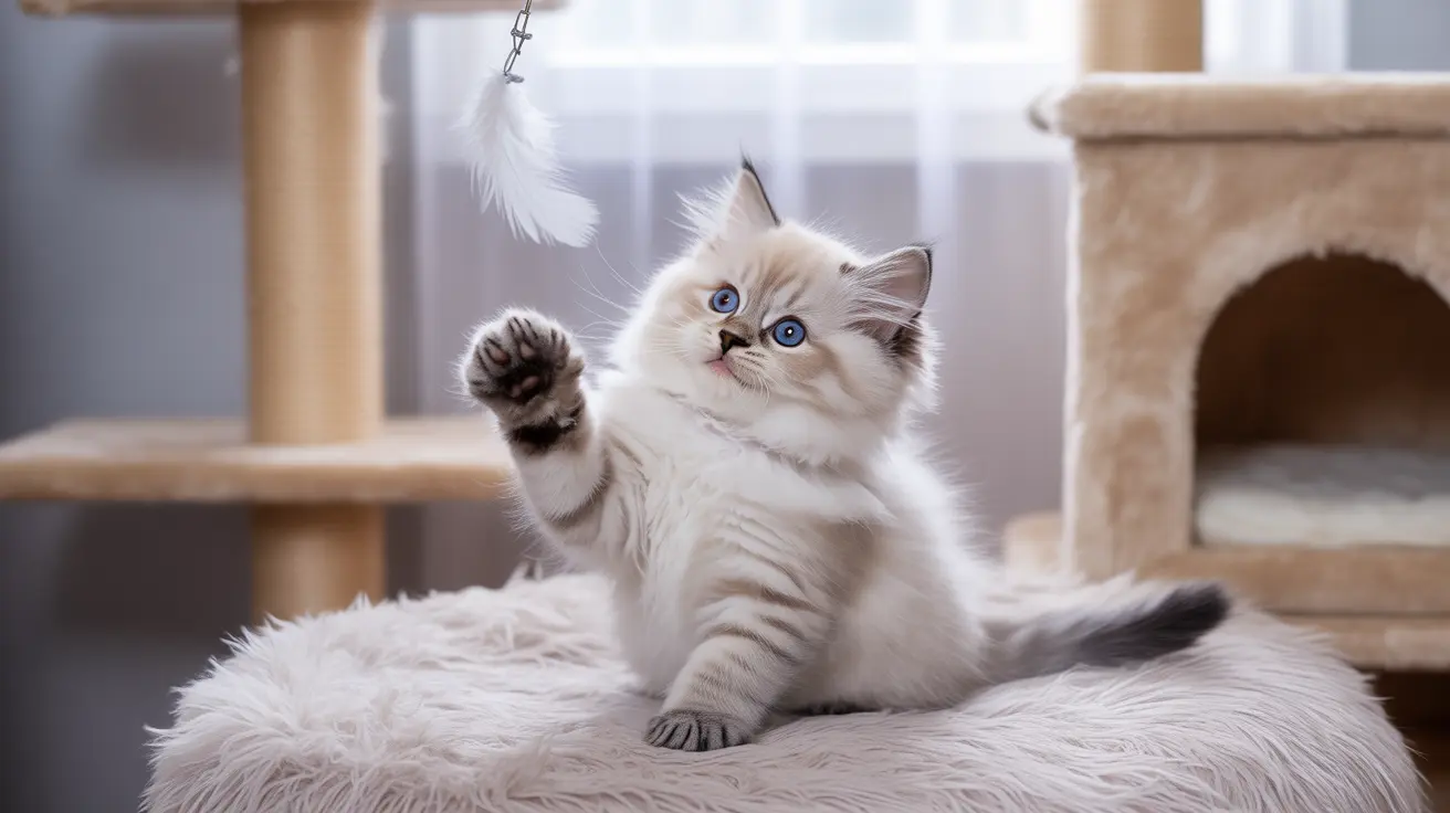 A fluffy white Ragdoll kitten playfully reaching up at a hanging feather toy on a cat tree