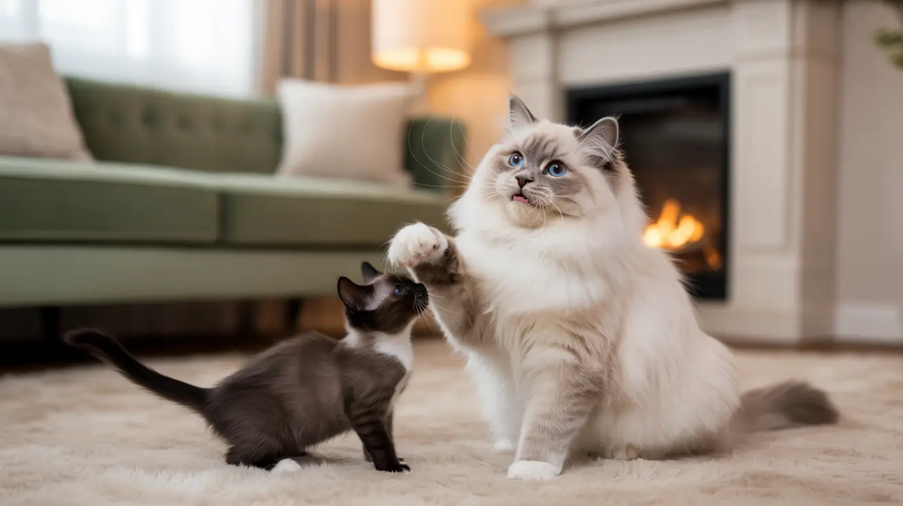 A white fluffy Ragdoll cat and a smaller black and white kitten playing together near a fireplace