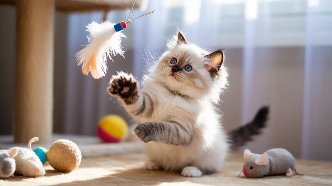 A playful Ragdoll kitten reaching for a feather toy surrounded by cat toys