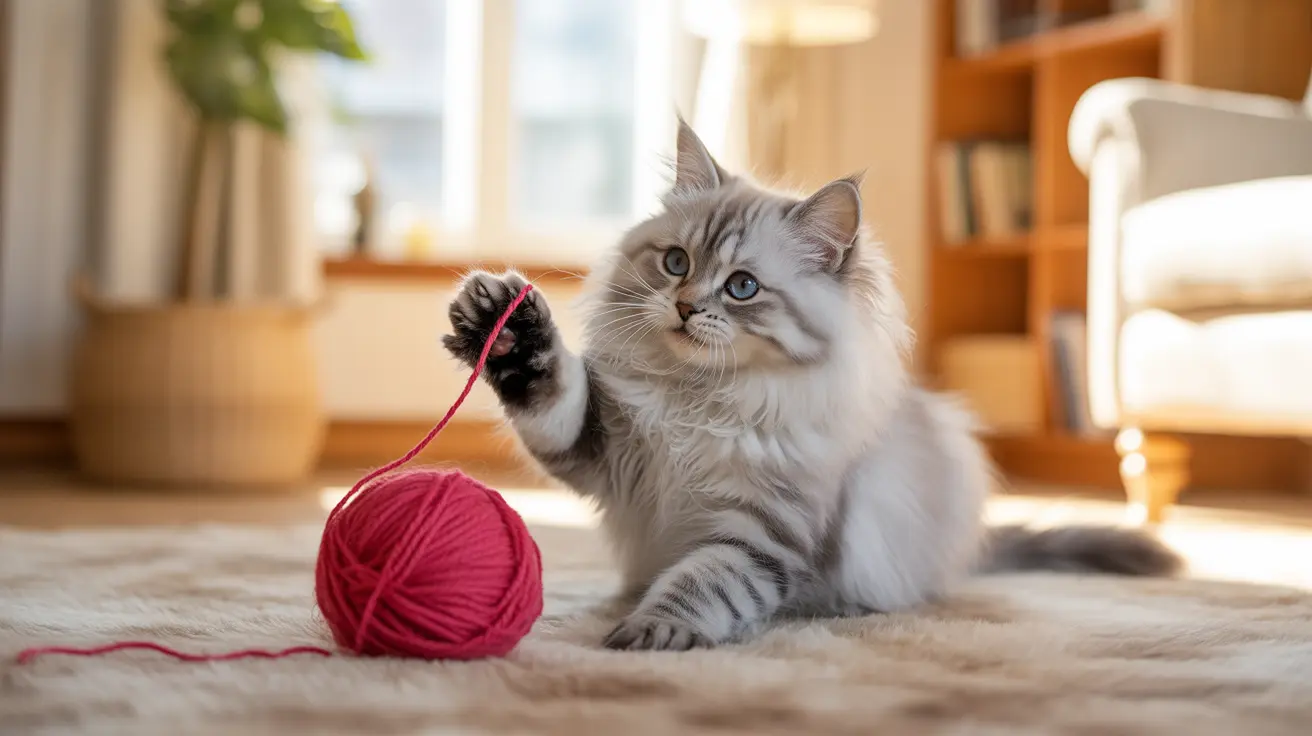 Fluffy Ragdoll kitten playing with red ball of yarn on carpet in bright living room
