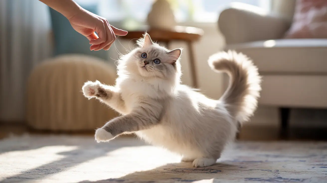 Fluffy Ragdoll kitten with blue eyes reaching up toward a human hand in a bright living room