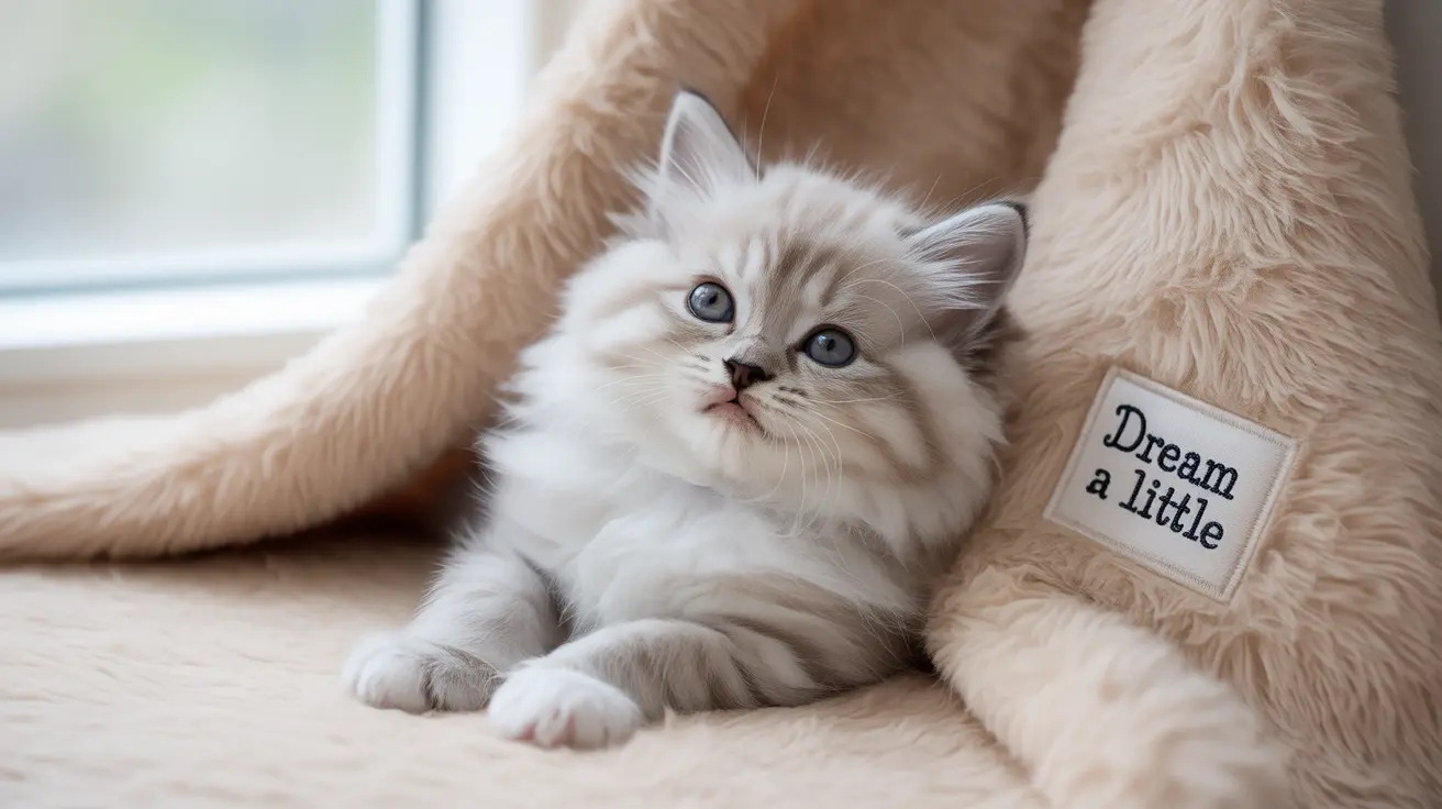 A fluffy white and cream Ragdoll kitten resting on a soft beige blanket near a window
