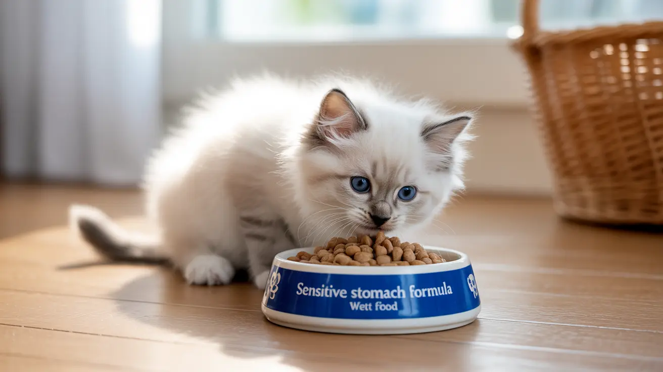 A fluffy white Ragdoll kitten eating from a blue 'Sensitive stomach formula' food bowl