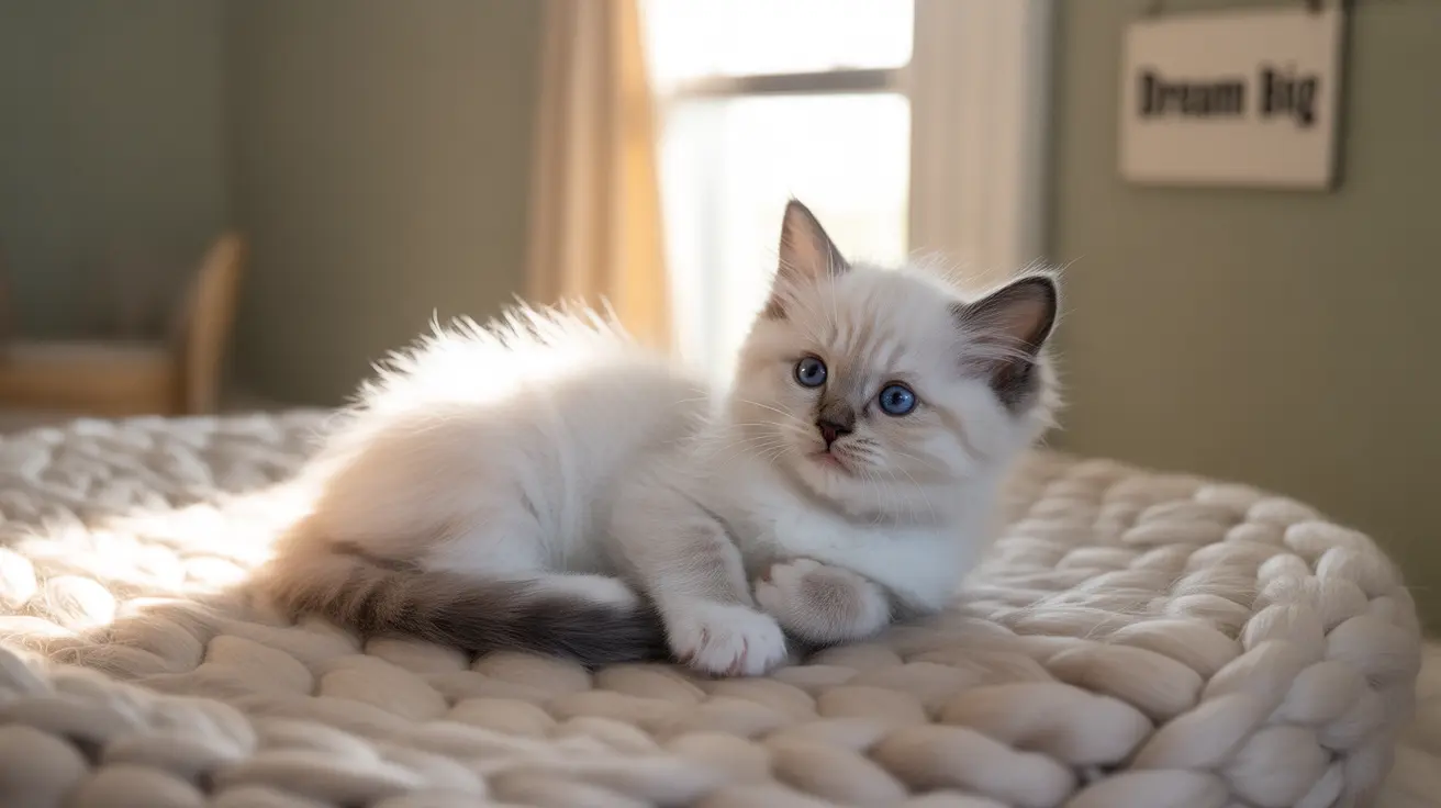 A young Ragdoll kitten with blue eyes sitting on a chunky knit blanket near a window