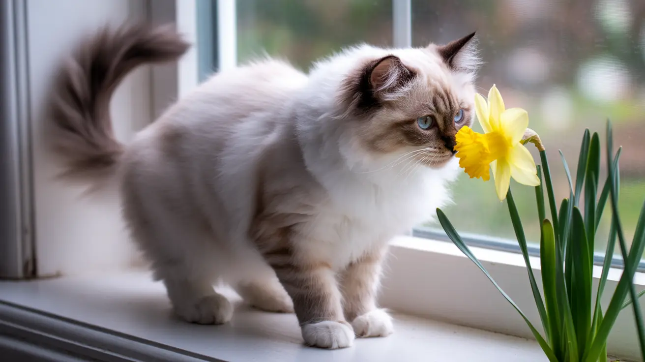 Fluffy Ragdoll kitten with blue eyes sniffing a yellow daffodil flower on a windowsill