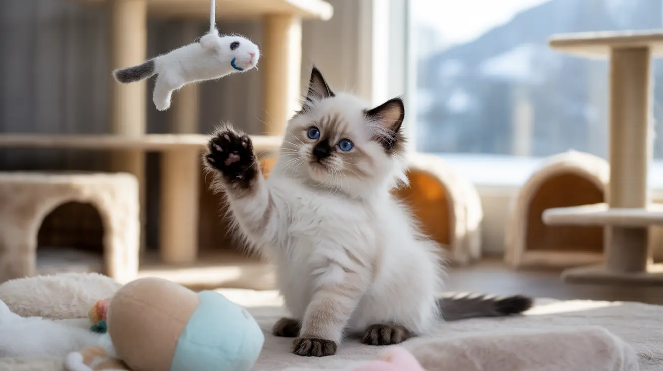 A Ragdoll kitten with toys, looking at a hanging white mouse toy