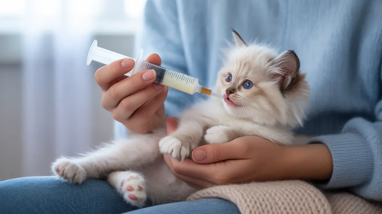 Fluffy white Ragdoll kitten being fed with a medical syringe by a person wearing a blue sweater