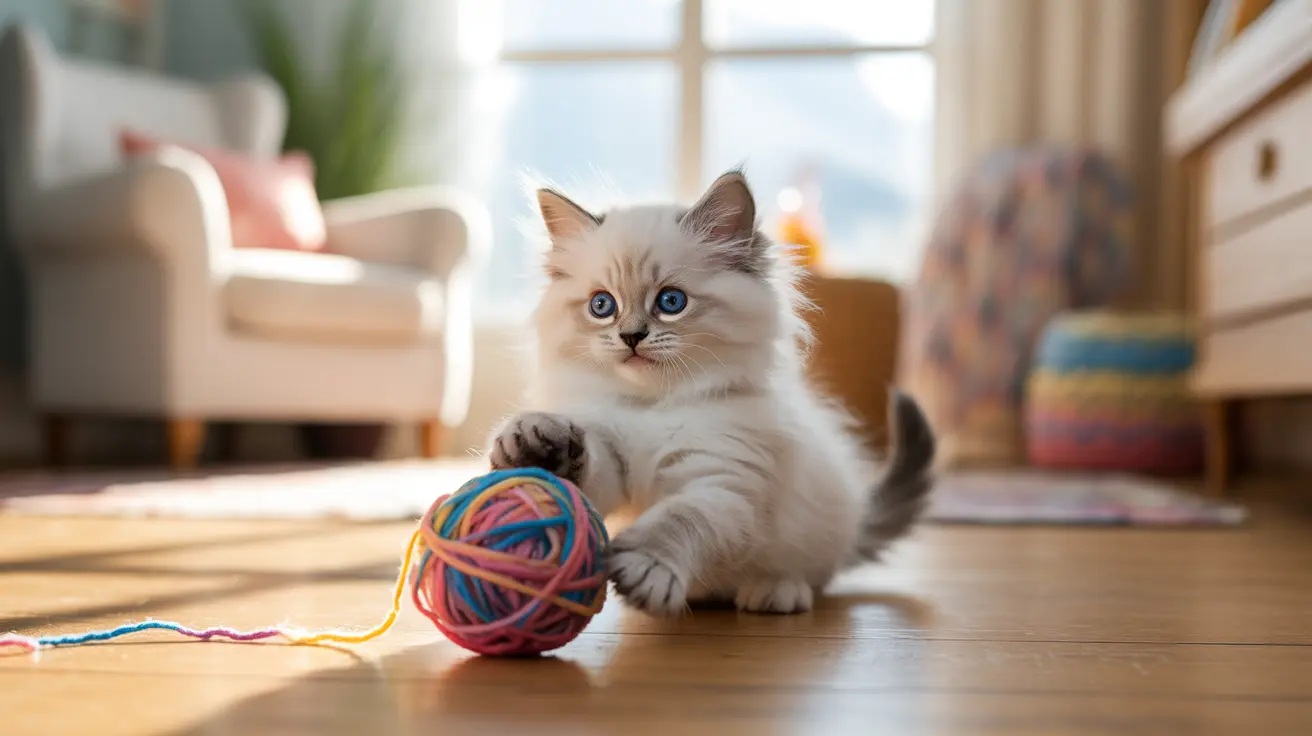 A fluffy white and grey Ragdoll kitten sitting on a wooden floor, touching a colorful yarn ball