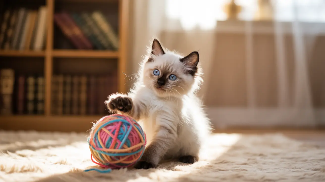 A Ragdoll kitten sitting with a colorful yarn ball, looking alert and playful