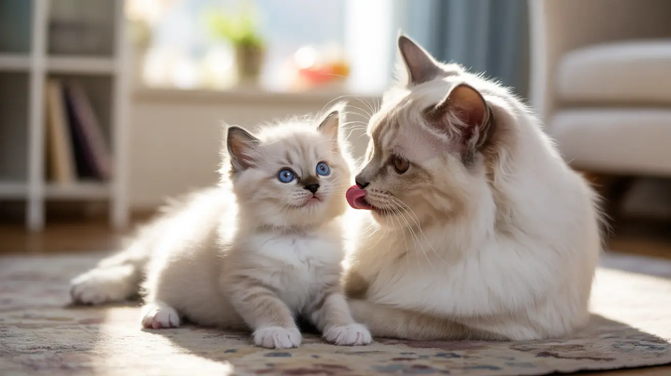 ラグドールのお母さん猫と子猫が明るい日差しの入る部屋で、柄のラグの上に一緒に座っている様子