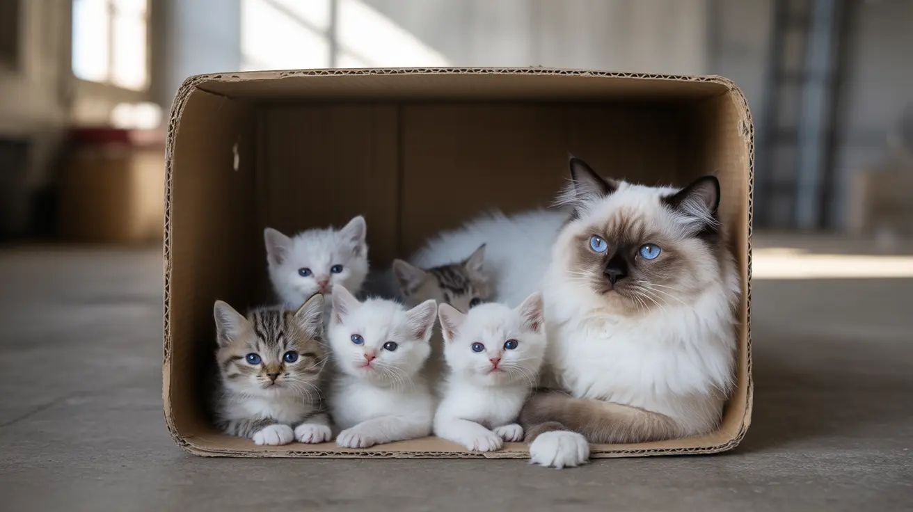 Ragdoll mother cat with five kittens resting in a cardboard box on concrete floor