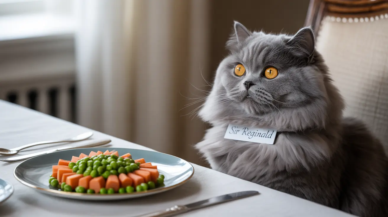 Regal gray British Longhair cat named Sir Reginald sitting at a dining table