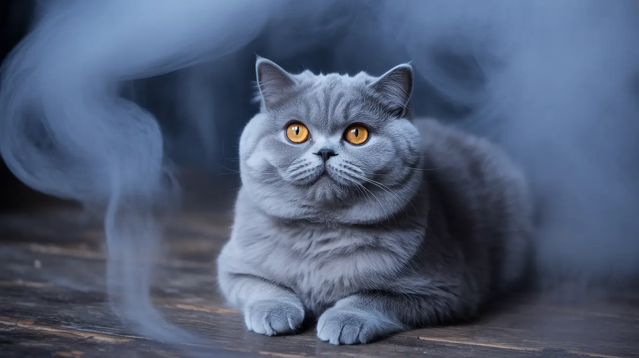Um majestoso gato Britânico Shorthair cinza com olhos amarelo-dourado impressionantes sentado em uma superfície de madeira com um fundo azul nebuloso