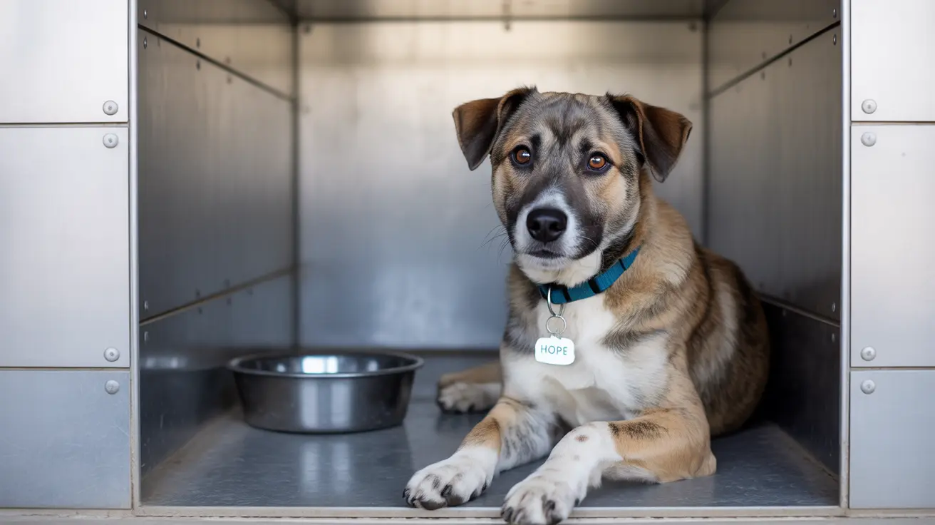 A gentle mixed breed dog sitting inside a metal kennel with a metallic food bowl nearby