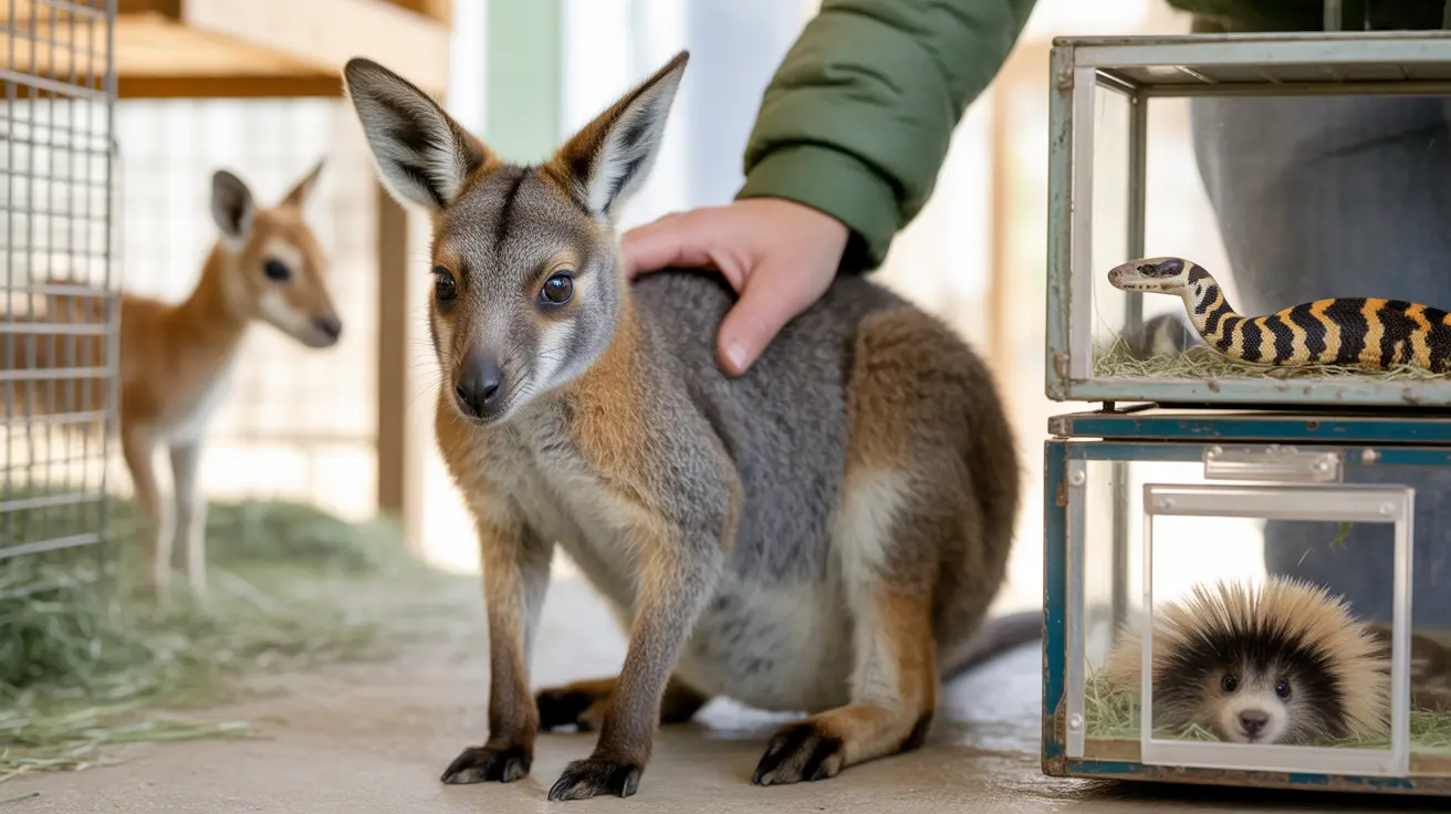 Various rescued animals including wallaby, snake, tarantula, goat, and starling in a rehabilitation shelter