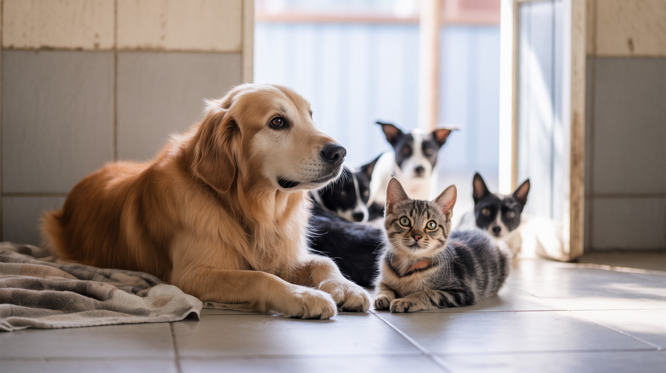 Un golden retriever yace pacíficamente sobre una manta junto a un gatito atigrado y varios cachorros pequeños en un espacio interior iluminado.
