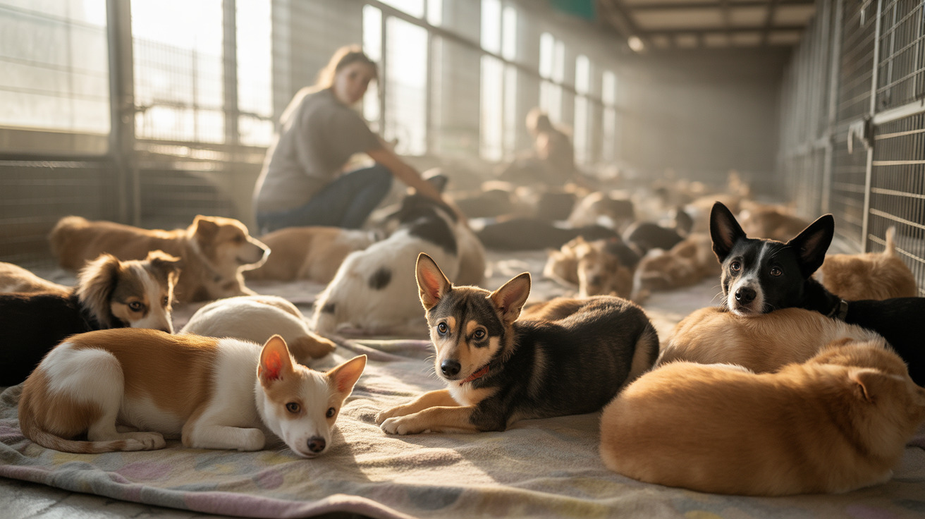 Varios perros de diferentes razas descansando sobre mantas en un refugio espacioso y luminoso con cuidadores al fondo
