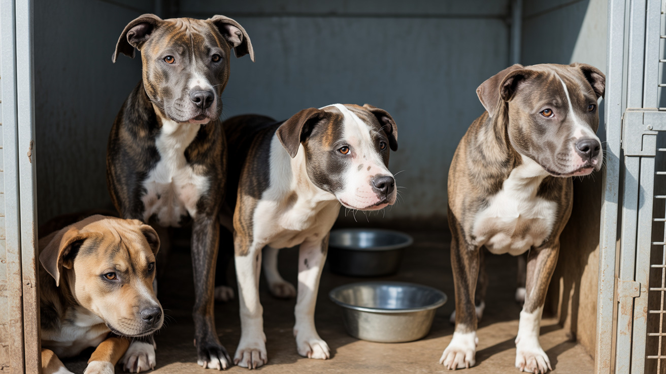 様々な大きさと色の4匹の犬が床に置かれた金属製の食器のある犬舎もしくはシェルター内に集まっている様子