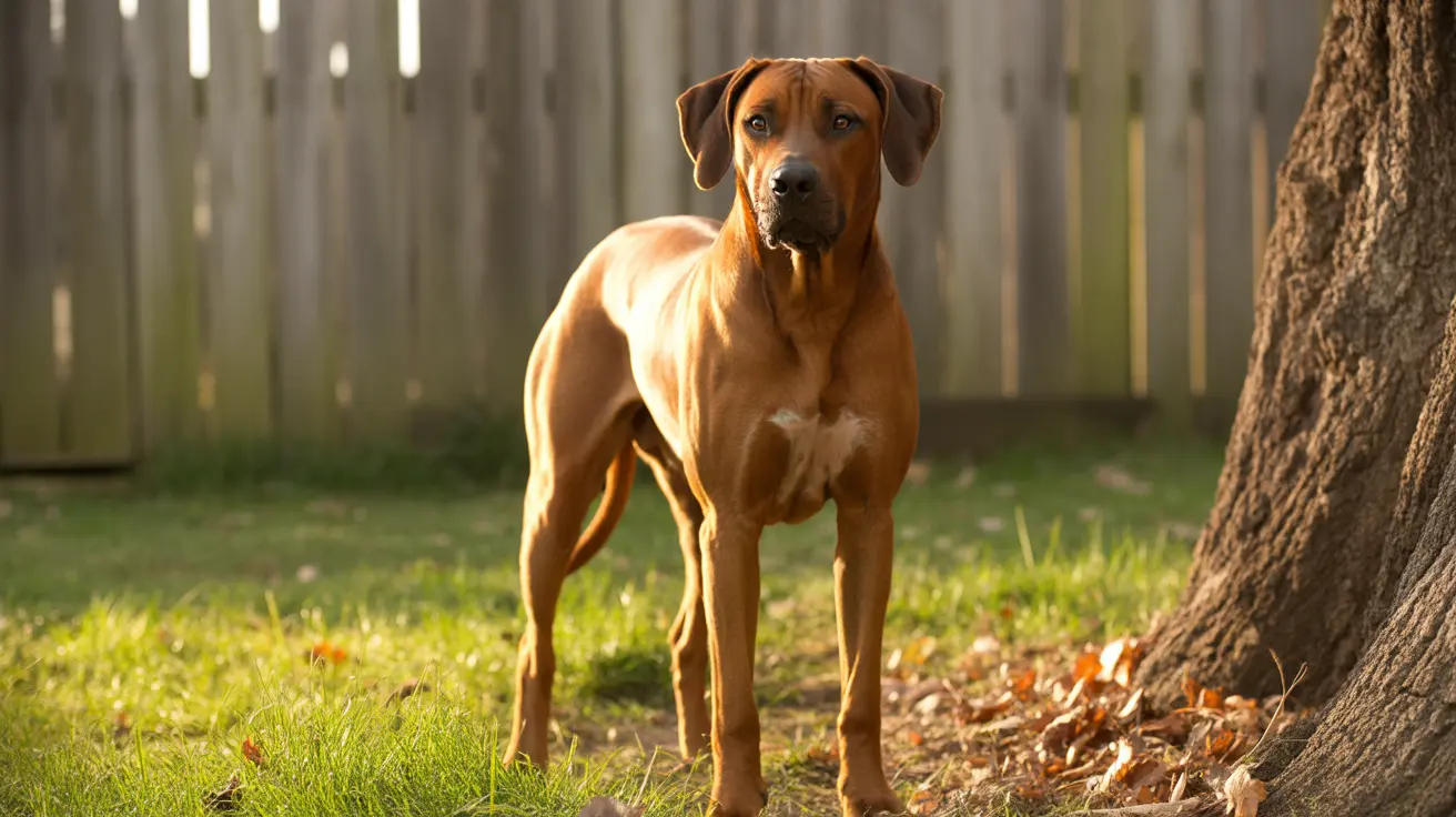 A muscular and alert Rhodesian Ridgeback standing confidently in a backyard with a wooden fence and a large tree.