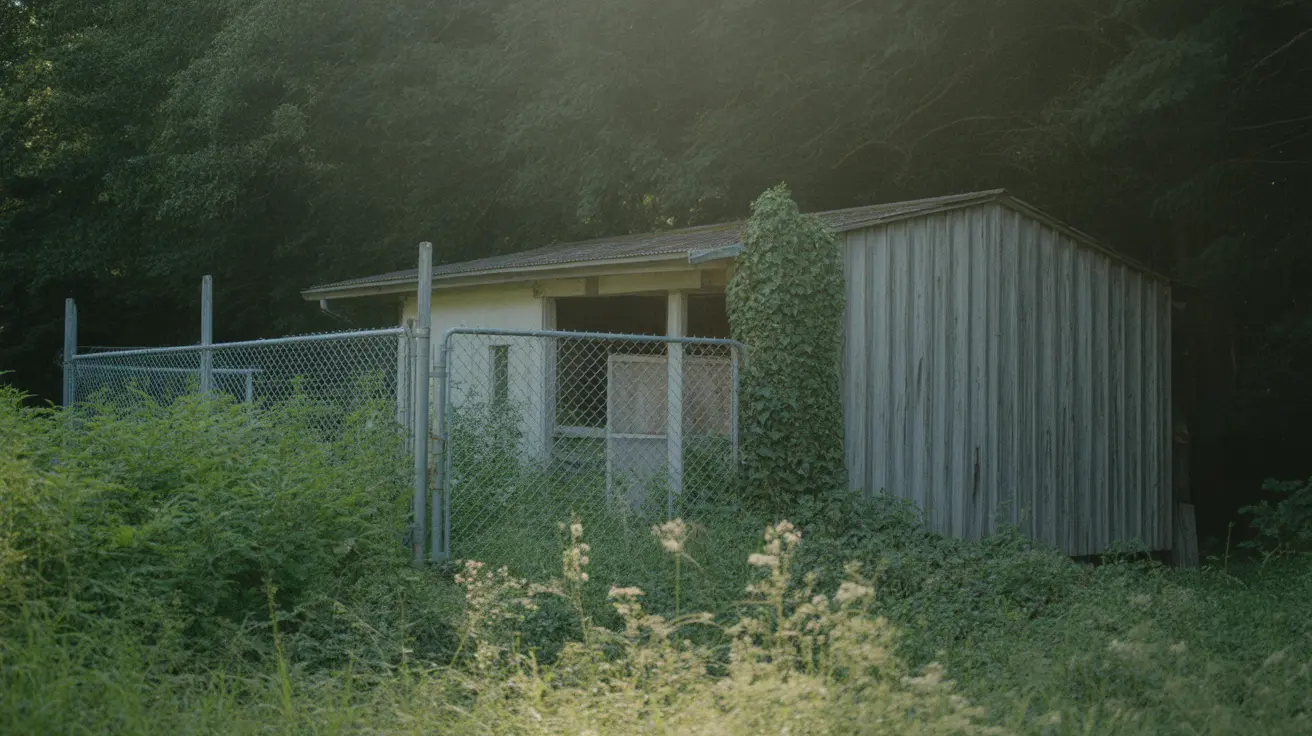 Un recinto al aire libre cercado o estructura de instalación para animales rodeada de vegetación crecida en un área boscosa