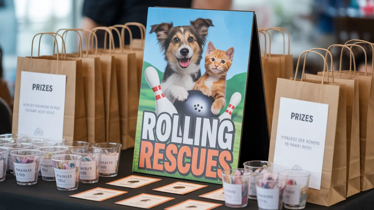 ペットの里親募集や資金調達イベント会場で、「ローリングレスキュー」の看板を背景に犬と猫が紹介されているプロモーションディスプレイ
