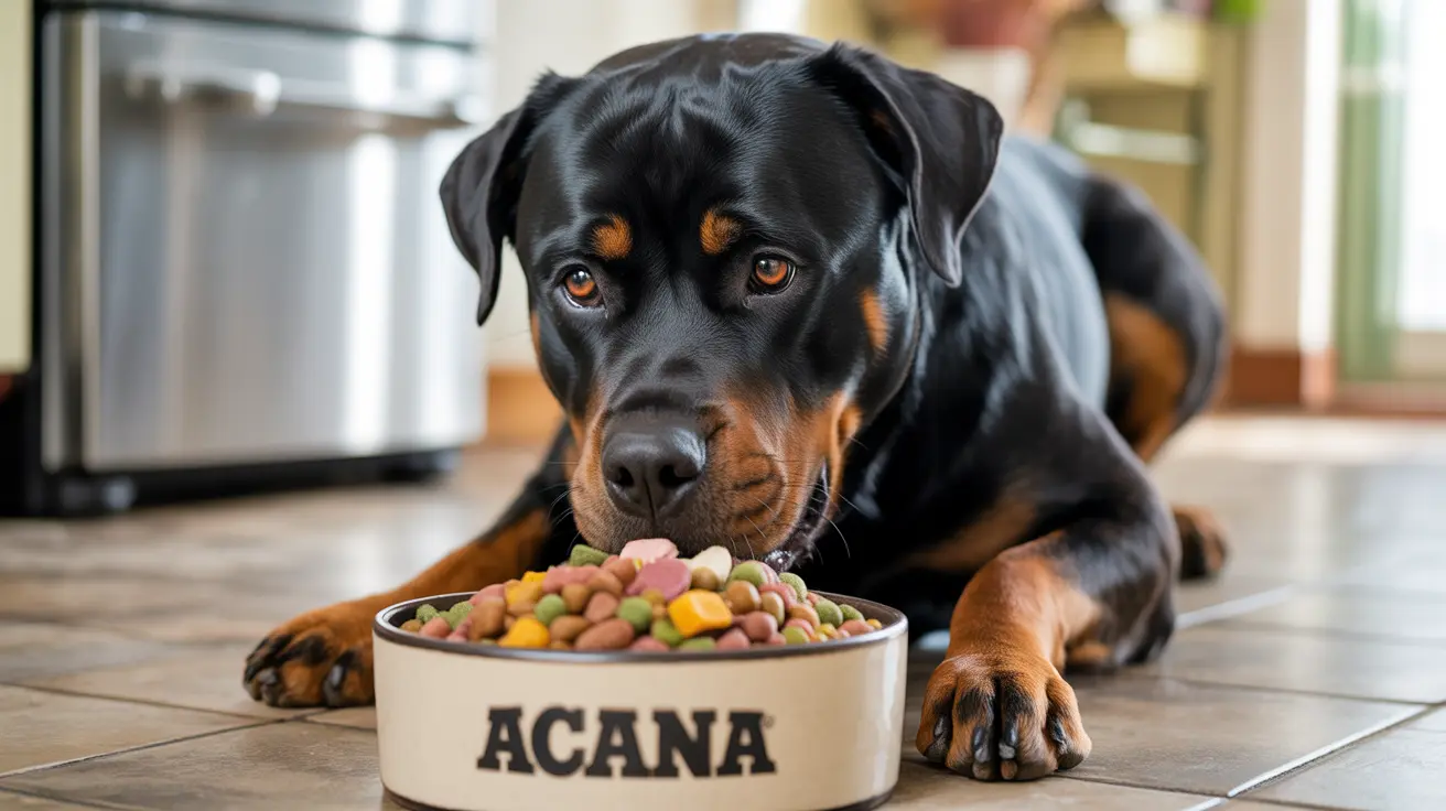 A Rottweiler sitting attentively next to an Acana branded dog food bowl filled with colorful kibble