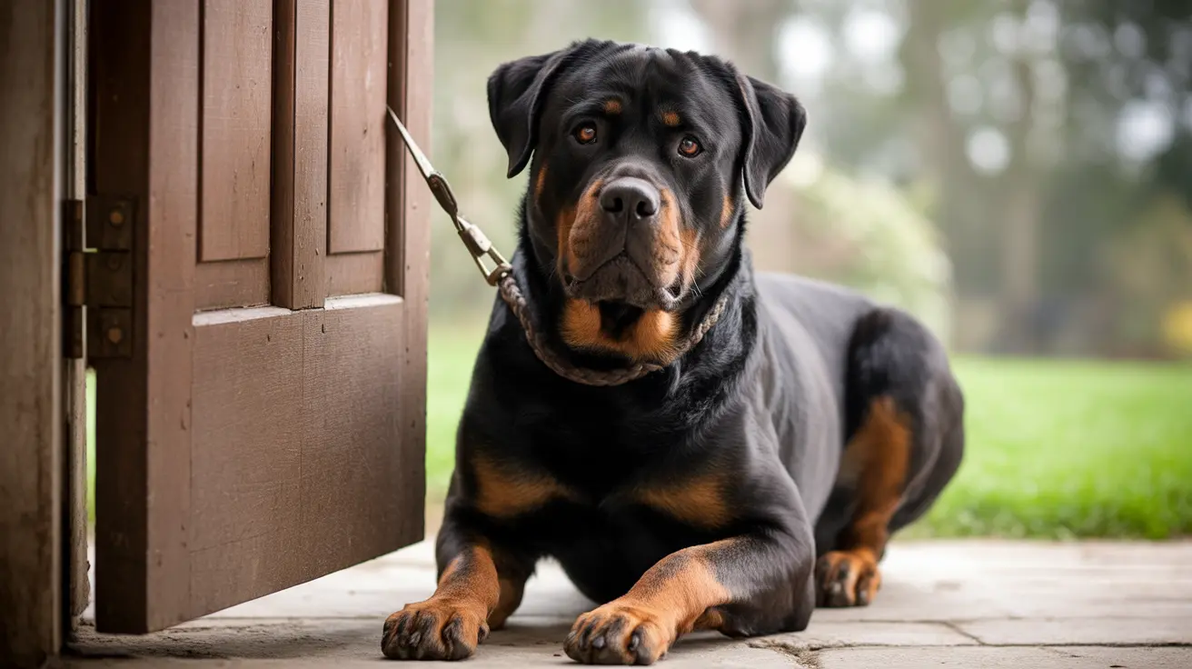A muscular Rottweiler dog lying alertly near an open wooden door with a blurred green outdoor background