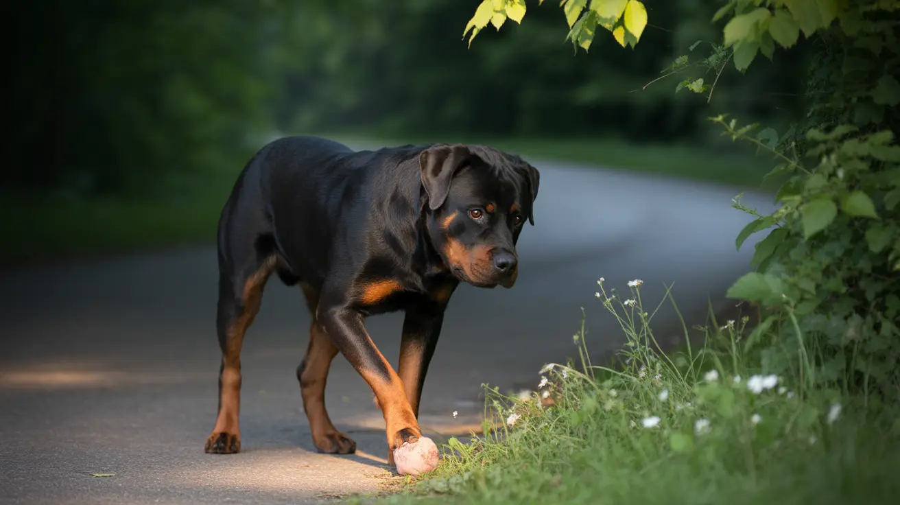 Strong and alert Rottweiler standing on a path with a ball near its paw