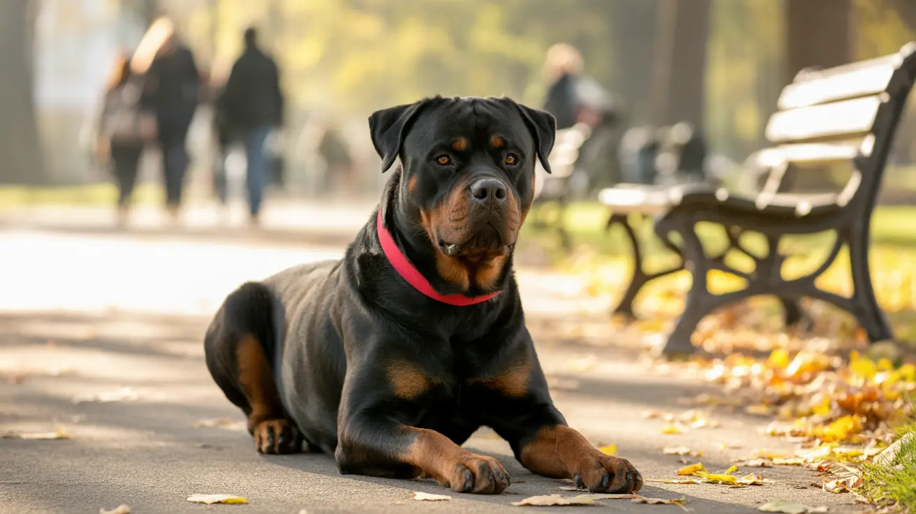 Majestic Rottweiler dog sitting attentively on a park pathway with autumn scenery in the background