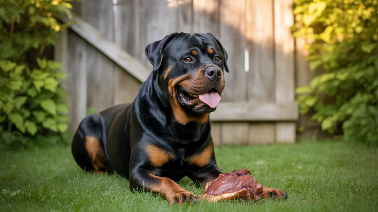 A strong and healthy Rottweiler sitting in a backyard with a large bone, looking relaxed and content