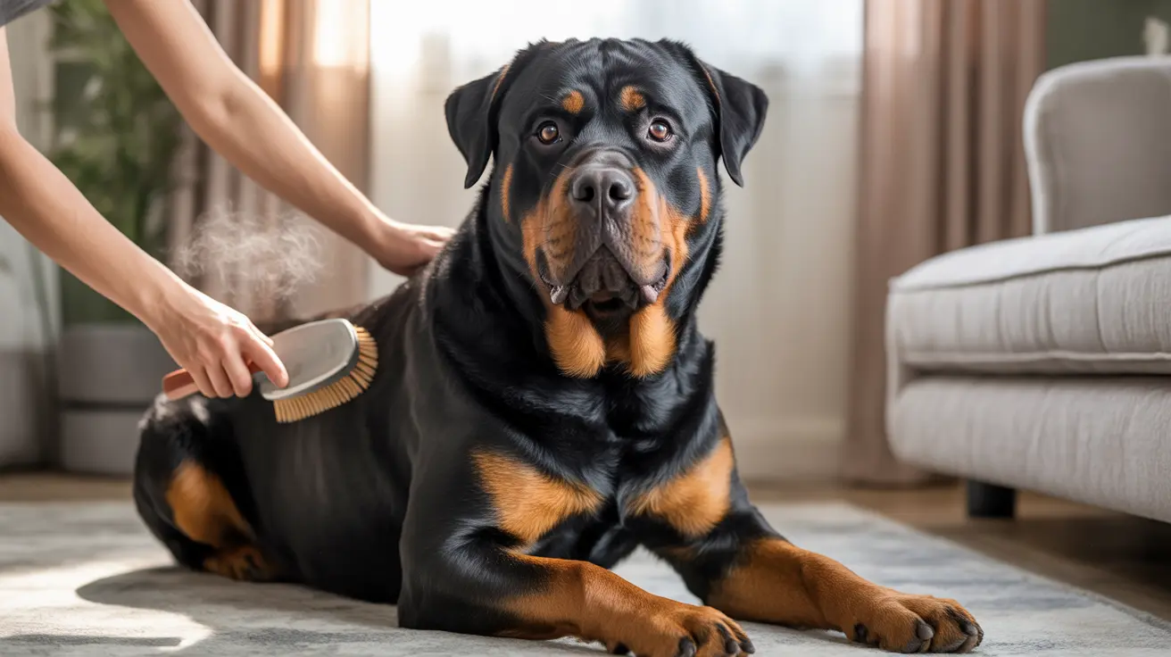 A Rottweiler being groomed with a brush inside a comfortable living room setting