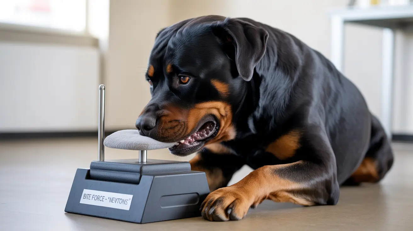 A Rottweiler testing its bite force on a specialized measuring device