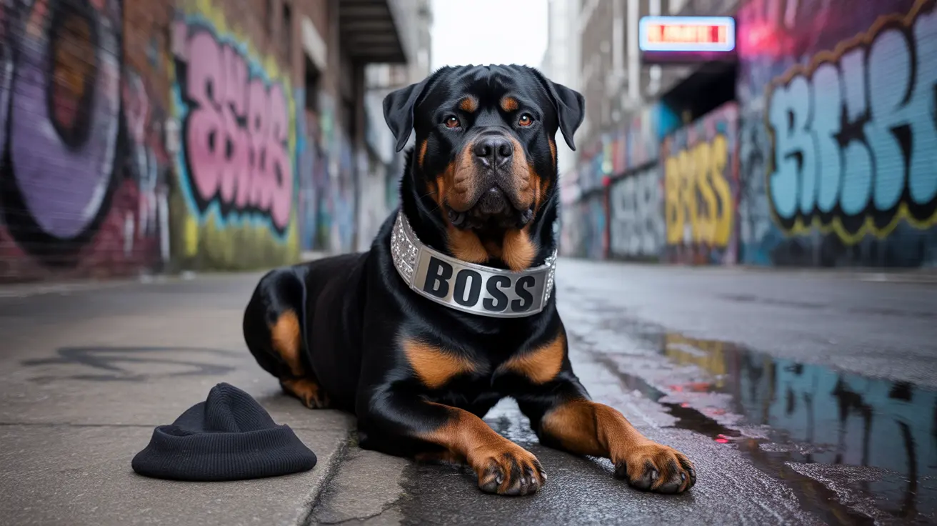 Powerful Rottweiler wearing a 'BOSS' collar sitting confidently in an urban alleyway with graffiti walls