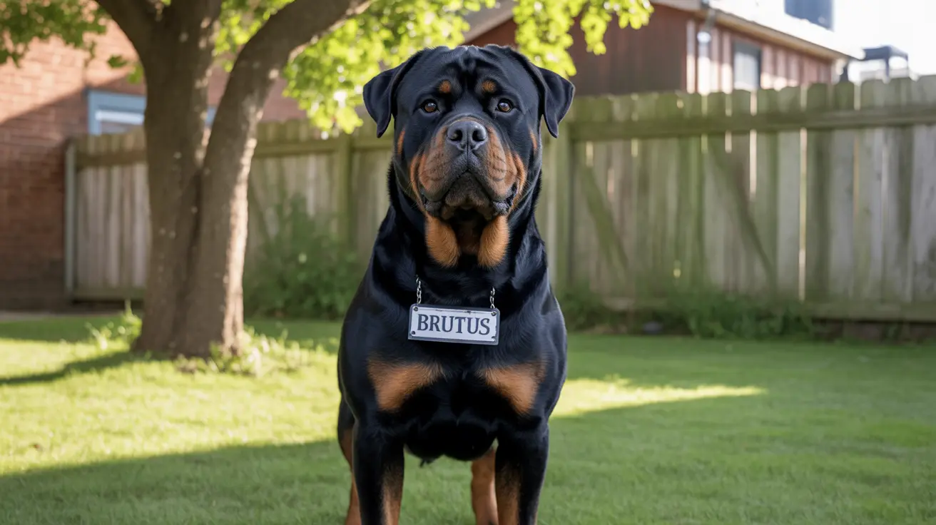 名前タグ「BRUTUS」をつけて、自信を持って裏庭に立つ力強いロットワイラー
