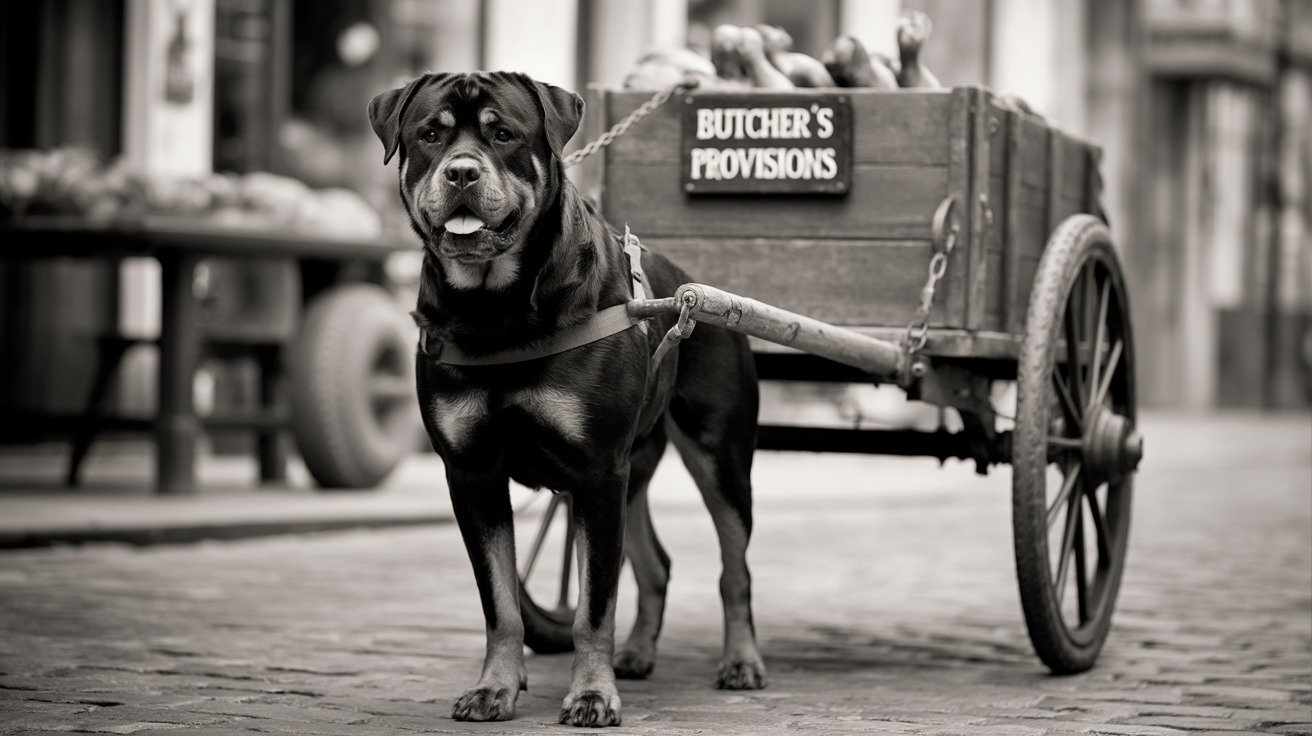 A strong Rottweiler harnessed to a vintage wooden cart labeled 'Butcher's Provisions' in black and white