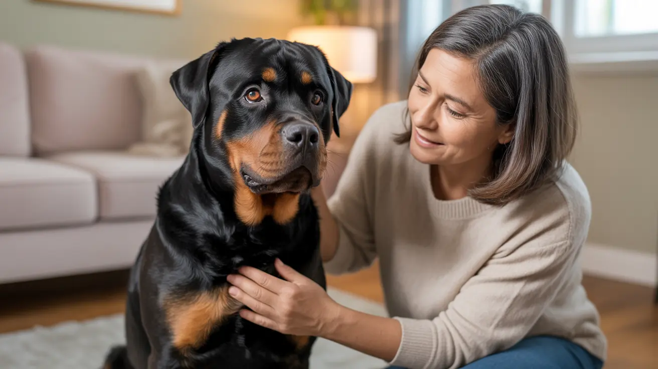 Rottweiler sitting calmly with a woman petting him in a cozy living room