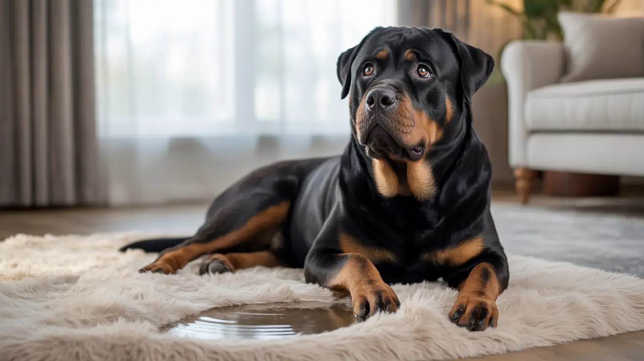 Majestic Rottweiler lying calmly on a soft white rug in a bright minimalist living room