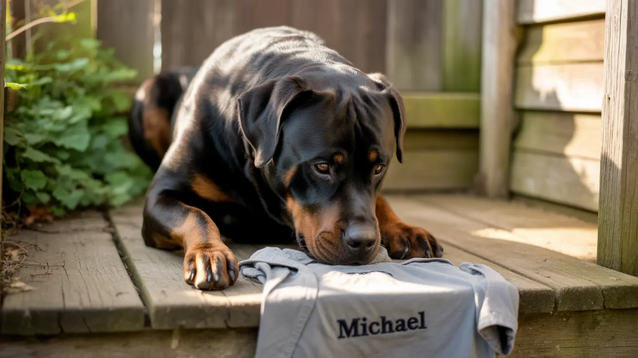 A Rottweiler resting calmly on a wooden deck with a piece of clothing nearby