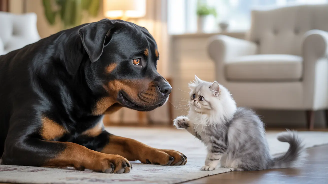 A large black and tan Rottweiler sitting calmly next to a fluffy white and gray kitten on a living room floor