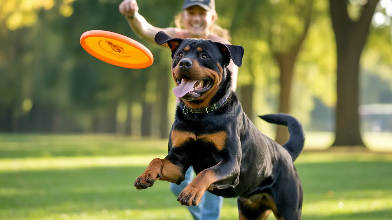 Rottweiler leaping mid-air to catch an orange flying disc in a sunny park