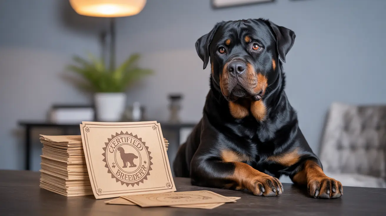 A mature Rottweiler next to 'Certified Breeder' certificates indoors