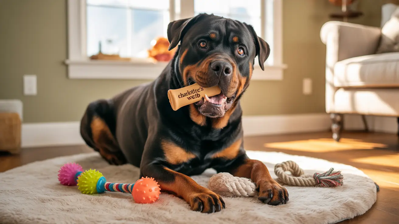 A Rottweiler sitting on a soft beige mat with various dog toys, holding a bone-shaped chew toy in its mouth