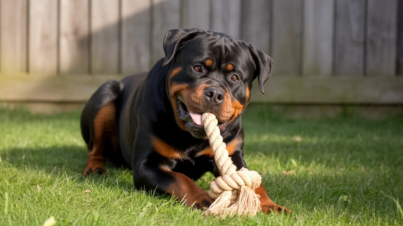 Rottweiler chewing a rope toy while lying on green grass in a backyard