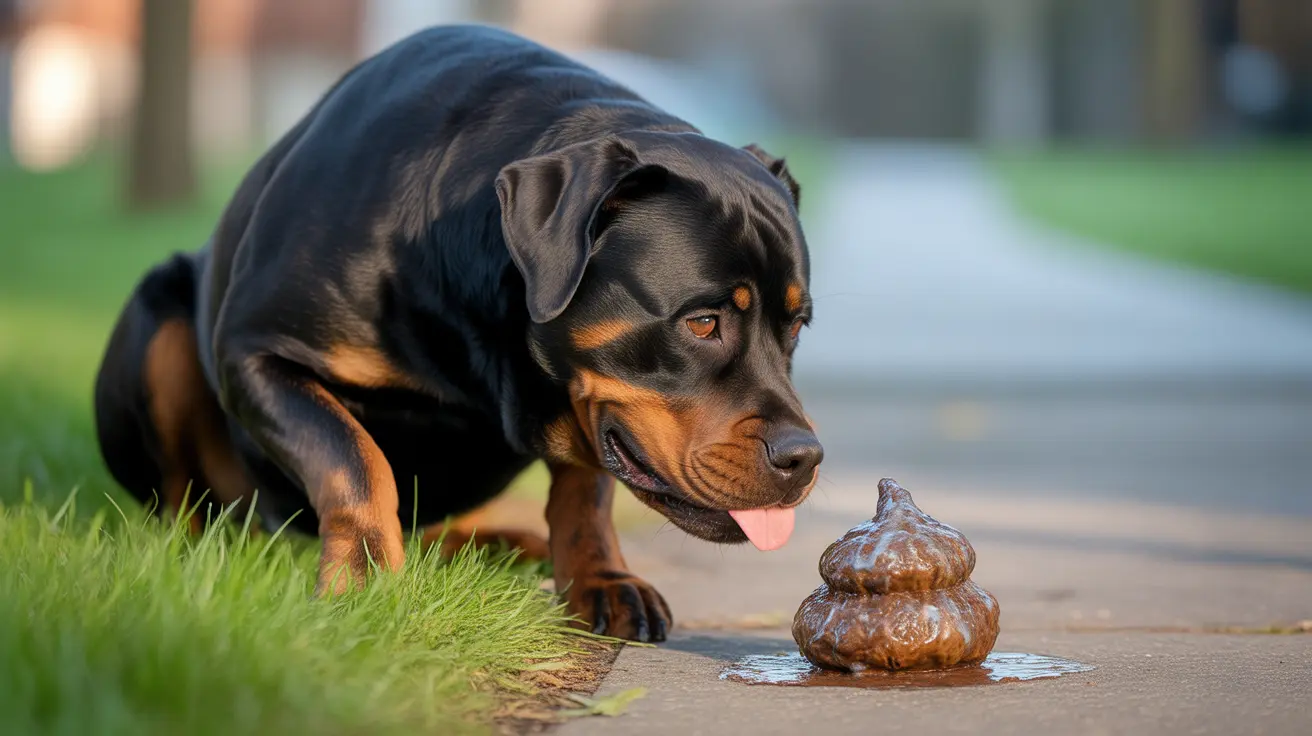 Un Rottweiler observa con curiosidad un montón húmedo de heces de perro en el suelo.