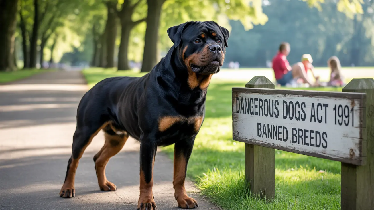 Un puissant Rottweiler debout avec confiance à côté d'un panneau « Dangerous Dogs Act 1991 Races interdites » dans un cadre de parc